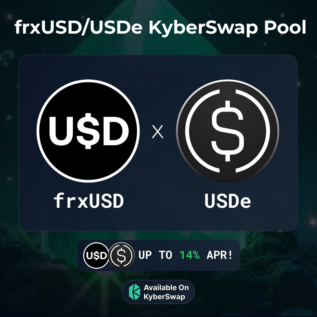 The frxUSD/USDe pool with <a href="/KyberNetwork/">Kyber Network</a> is yielding 14% APR thanks to our sustainable yield-forwarding model paired with Kyber FairFlow.

This pool regularly does more volume than its TVL in a day, validation of its capital-efficiency.

Get started: kyberswap.com/earn/pools?tag…