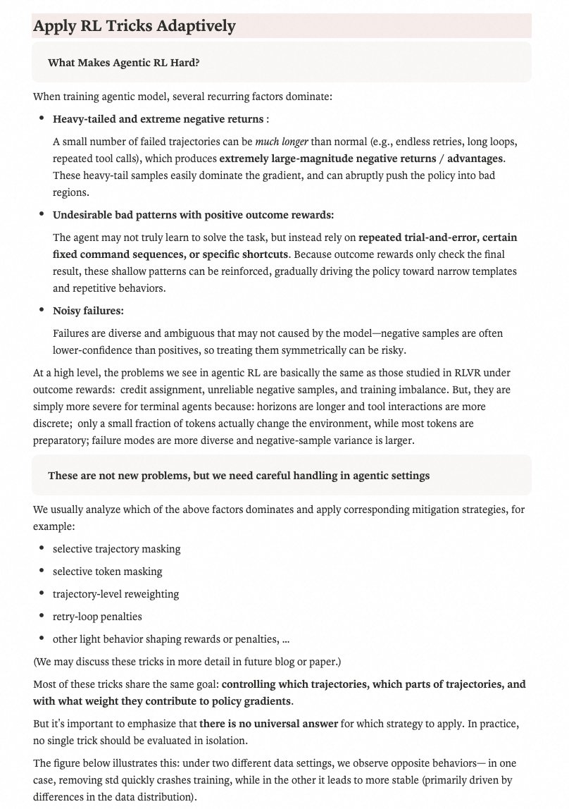 helansydney's tweet photo. Tricks we used: 
selective token masking 
retry-loop penalties 
other light behavior shaping rewards or penalties, … 
Most of these tricks share the same goal: controlling which trajectories, which parts of trajectories, and with what weight they contribute to policy gradients. https://t.co/x66Y6VKiuw