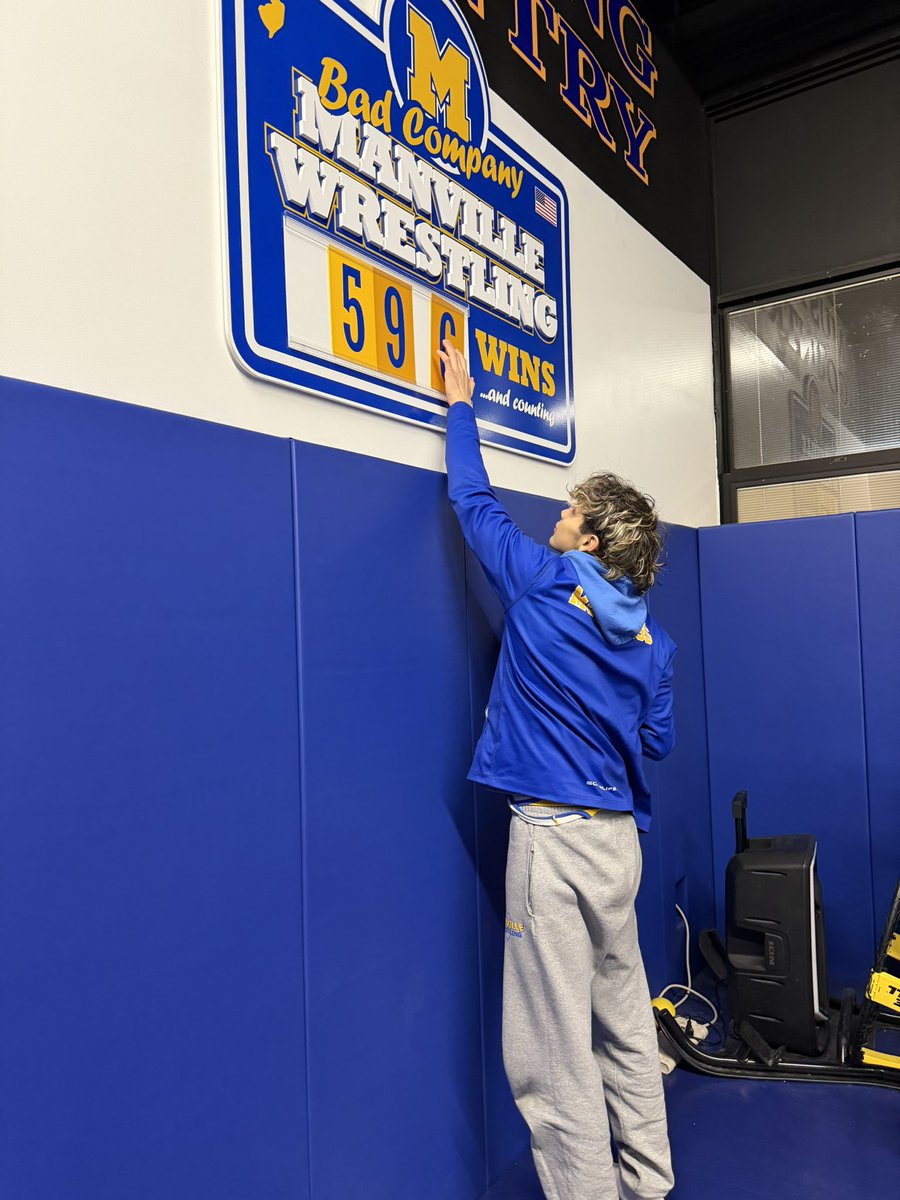 HorsePowerMHS's tweet photo. The Mustangs finish the regular season 27-0! Anthony changes the number to 596!

We are back in action on Monday at HOME for sections at 2 PM. 

#Horsepower #BadCompany #MustangCountry #BleedBlueAndGold #NJWrestling https://t.co/6Cur5L9dey