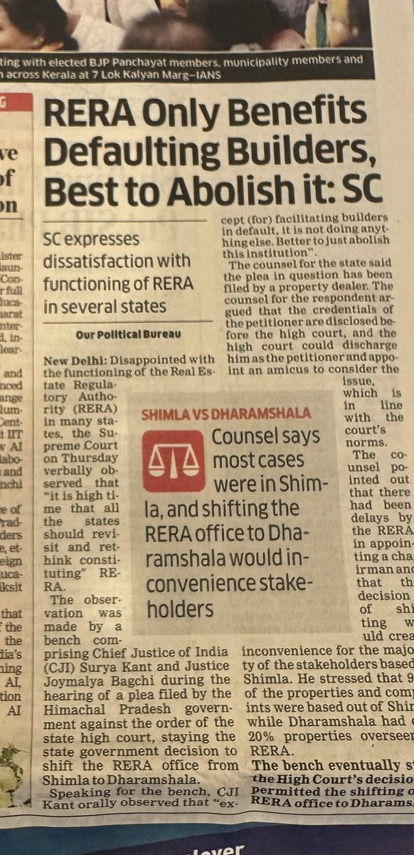 RERA Only Helps Bad Builders: Better to Abolish It, Says Supreme Court
India’s Supreme Court is unhappy with RERA, the law that controls real estate. On February 12, Chief Justice Surya Kant said RERA is doing nothing good.  It only helps builders who break promises and delay