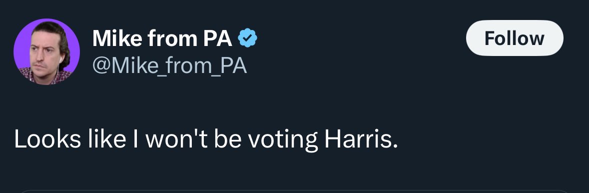 Mike from PA will say he’ll vote for Kamala Harris if she picks Tim Walz for VP and then not vote for Kamala Harris when she picks Tim Walz for VP.