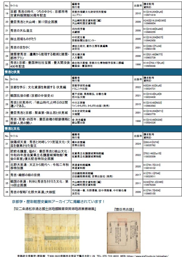 NHK大河ドラマ「豊臣兄弟！」にちなみ、京都における豊臣秀吉の事跡に関する資料紹介コーナーを設置します。
豊臣政権や秀吉の家族、そしてその時代の京焼、茶の湯などの文化に関する資料を中心に、＃歴彩館 ２階京都資料総合閲覧室にて、5月12日まで開催しています。ぜひお越しください。