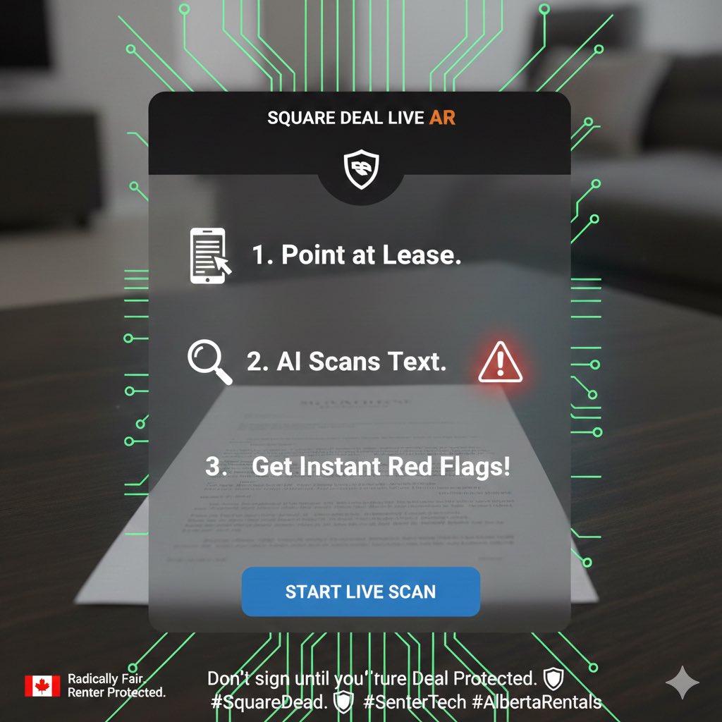 SquareDealAI's tweet image. Don't sign a lease in the dark. 🌑 Use Square Deal Live AR to scan paper contracts in real-time and expose illegal clauses instantly. 🛡️💻 #SquareDeal #RenterRights #Alberta