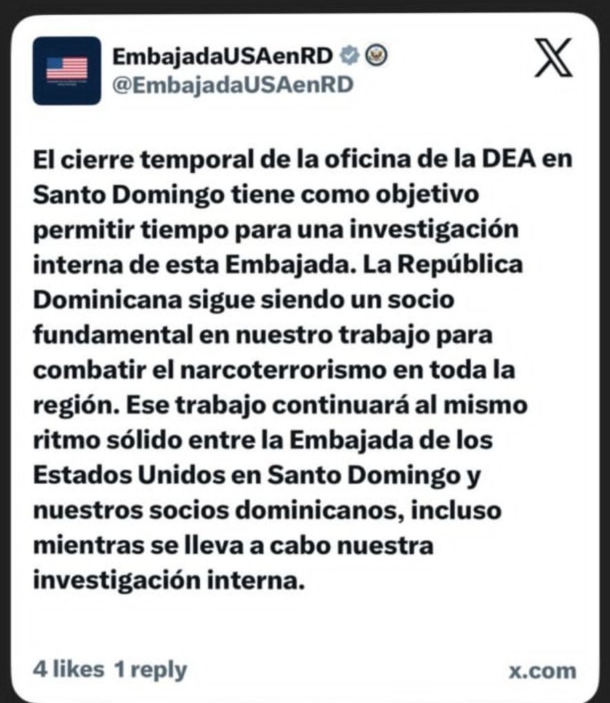 La <a href="/EmbajadaUSAenRD/">EmbajadaUSAenRD</a> informó que el cierre de la Oficina de la DEA en Santo Domingo no afecta la lucha contra el Narcotrafico y destacó que RD es un socio estratégico de EU en el combate a ese flagelo.