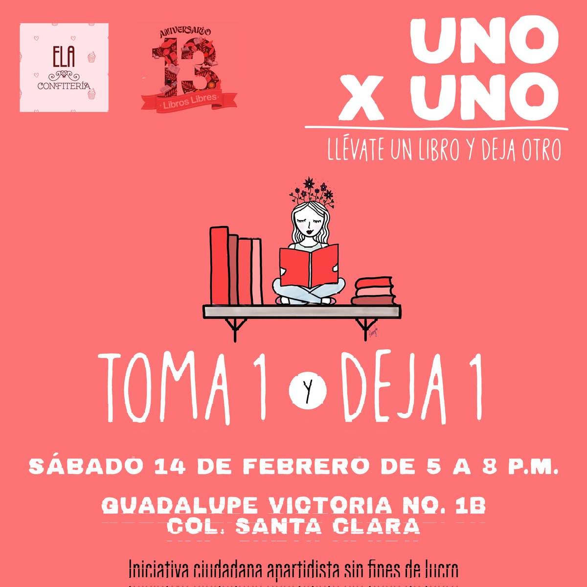 El sábado festejaremos nuestros 13 años en Minatitlán con un intercambio de libros Uno x Uno. 🥳

No falten.

#LeeyLibera