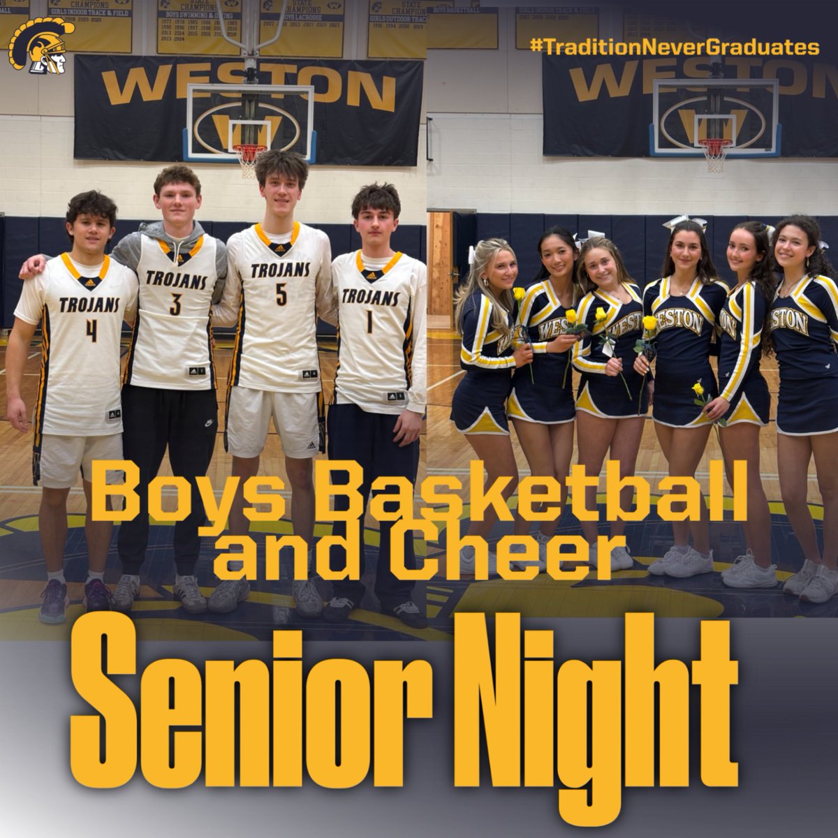 WestonAthletics's tweet photo. What a night, as we celebrated and recognized the Senior Boys Basketball Players and the Cheerleaders for all they have done and accomplished!
#TrojanPride
#TraditionNeverGraduates https://t.co/bQhMlOwad6