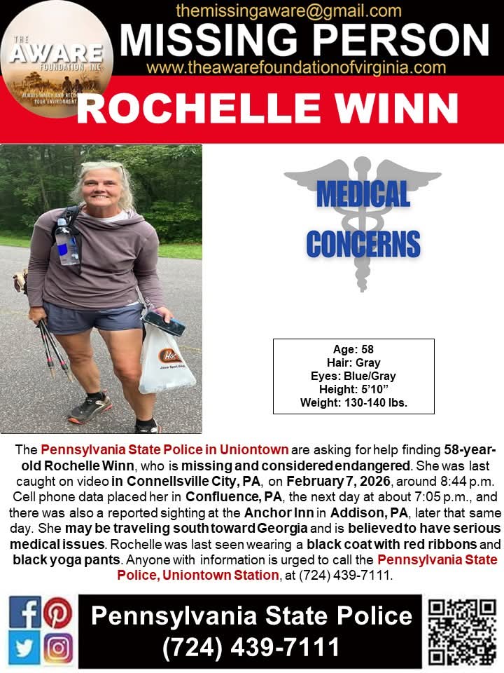 🚨MISSING ENDANGERED ADULT🚨 CONNELLSVILLE CITY, PENNSYLVANIA
The Pennsylvania State Police in Uniontown are asking for help finding 58-year-old Rochelle Winn, who is missing and considered endangered. She was last caught on video in Connellsville City, PA, on February 7, 2026,