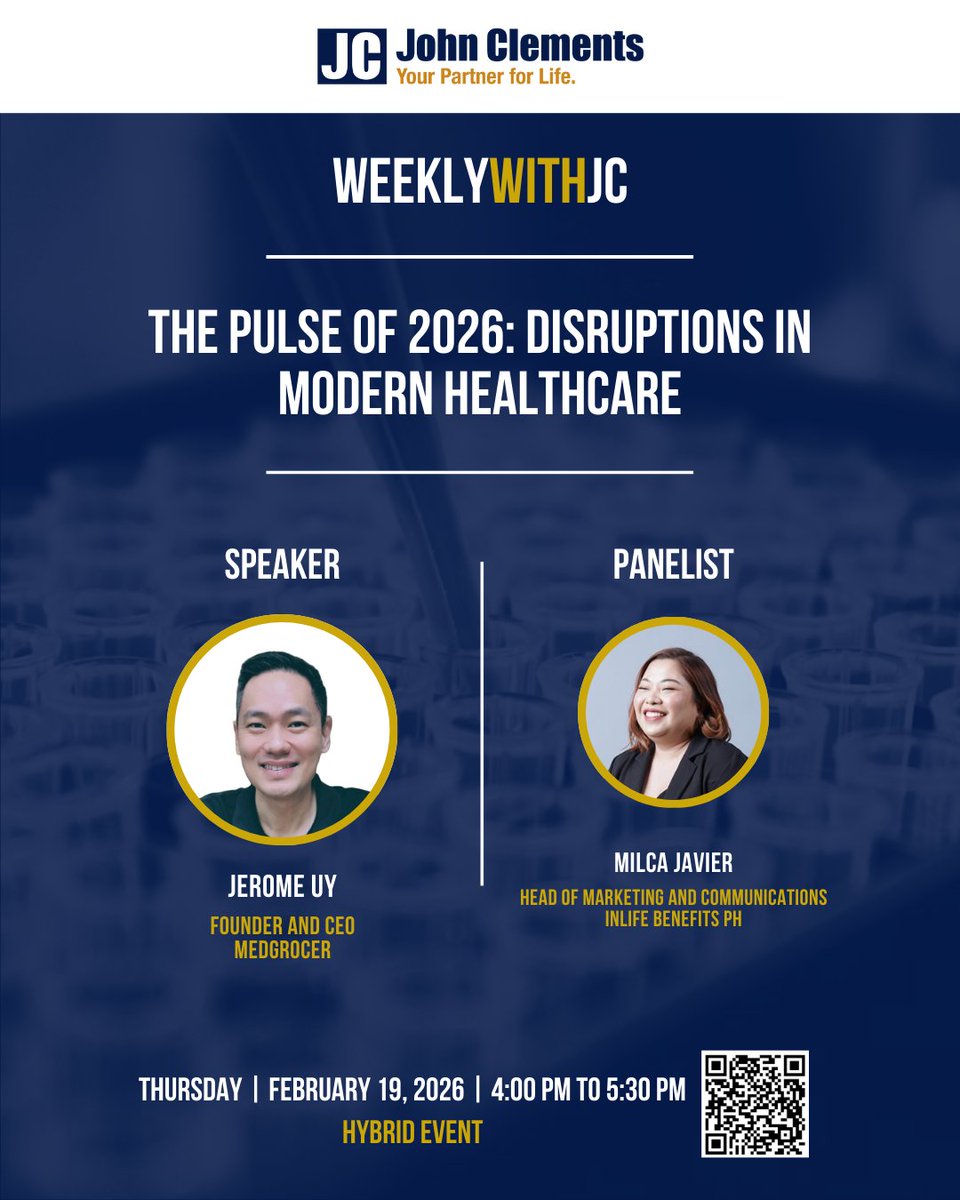 johnclementsph's tweet photo. Join us for #WeeklywithJC: The Pulse of 2026 – Disruptions in Modern Healthcare on Feb 19, 4–5:30 PM (Zoom + JC Hub). Featuring Jerome Uy &amp; Milca Javier. 

Register: https://t.co/itaFyBSYvy

#WWJC2026 #HealthcareTrends #ProfessionalDevelopment #PhilippineHealthcare https://t.co/P86BxtXCs1