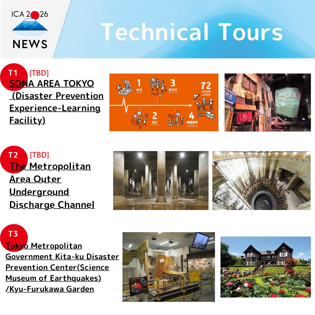 ICA2026's tweet photo. Hello everyone! 🌟

This is an announcement for the technical tours!

🔹 Technical Tours
During the ICA period, on Friday, November 13 AM, as one of special programs, we will be offering technical tours that offer unique, on-site experiences! 🚩 The tours will feature topics such as natural disasters, climate change, finance, and cutting-edge technology, which are also research themes at ICA2026. Participation is free of charge (Please note that lunch is not included). All tours will depart from and return to Tokyo International Forum.

🔹 Tour Selection and Application
We are offering 12 different tour options, each with a limited capacity and available on a first-come, first-served basis. If you want to participate, please apply via My Page on the ICA2026 registration website by Friday, September 11, 2026 (JST).
For more details about the tours, please refer to the PDF below! 👀
https://t.co/WZyIExPjsA

✨ The latest information will be posted on our website! ✨
➡️ https://t.co/HJcGrzXMbW

✨ To receive the latest news and event announcements related to ICA2026, please register for our official mailing list! ✨
➡️https://t.co/F6EHNRvhFv

皆さん、こんにちは！🌟

今回は、学術ツアーのお知らせです！

🔹学術ツアー開催
ICA期間中の11月13日（金）午前に、スペシャルプログラムのうちの一つとして、現地ならではの体験ができる学術ツアーを実施します！🚩ICA2026での研究発表テーマにもある自然災害や気候変動、金融や先端技術などを題材としたツアーを開催予定で、無料でご参加いただけます（昼食は含まれませんのでご注意ください）。ツアーはすべて東京国際フォーラム発着です。

🔹ツアーの選択・申込
 12種類のツアーをご用意しており、いずれも定員があります（先着順）。ご希望の方は、2026年9月11日（金）JSTまでに、ICA2026登録サイトのマイページよりお申し込みください。 
ツアーの詳細は下記PDFをご確認ください！👀
https://t.co/WZyIExPjsA

✨最新情報はホームページに掲載していきます！✨
➡️ https://t.co/HJcGrzXMbW

✨ ICA2026に関する最新情報やイベントの告知などをいち早くゲットするために、公式メーリングリストを登録してください！✨
➡️https://t.co/F6EHNRvhFv

#ICA #ICA2026 #Actuary #Actuaries #SpecialProgram #TechnicalTours