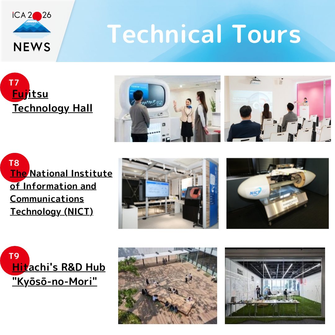 ICA2026's tweet photo. Hello everyone! 🌟

This is an announcement for the technical tours!

🔹 Technical Tours
During the ICA period, on Friday, November 13 AM, as one of special programs, we will be offering technical tours that offer unique, on-site experiences! 🚩 The tours will feature topics such as natural disasters, climate change, finance, and cutting-edge technology, which are also research themes at ICA2026. Participation is free of charge (Please note that lunch is not included). All tours will depart from and return to Tokyo International Forum.

🔹 Tour Selection and Application
We are offering 12 different tour options, each with a limited capacity and available on a first-come, first-served basis. If you want to participate, please apply via My Page on the ICA2026 registration website by Friday, September 11, 2026 (JST).
For more details about the tours, please refer to the PDF below! 👀
https://t.co/WZyIExPjsA

✨ The latest information will be posted on our website! ✨
➡️ https://t.co/HJcGrzXMbW

✨ To receive the latest news and event announcements related to ICA2026, please register for our official mailing list! ✨
➡️https://t.co/F6EHNRvhFv

皆さん、こんにちは！🌟

今回は、学術ツアーのお知らせです！

🔹学術ツアー開催
ICA期間中の11月13日（金）午前に、スペシャルプログラムのうちの一つとして、現地ならではの体験ができる学術ツアーを実施します！🚩ICA2026での研究発表テーマにもある自然災害や気候変動、金融や先端技術などを題材としたツアーを開催予定で、無料でご参加いただけます（昼食は含まれませんのでご注意ください）。ツアーはすべて東京国際フォーラム発着です。

🔹ツアーの選択・申込
 12種類のツアーをご用意しており、いずれも定員があります（先着順）。ご希望の方は、2026年9月11日（金）JSTまでに、ICA2026登録サイトのマイページよりお申し込みください。 
ツアーの詳細は下記PDFをご確認ください！👀
https://t.co/WZyIExPjsA

✨最新情報はホームページに掲載していきます！✨
➡️ https://t.co/HJcGrzXMbW

✨ ICA2026に関する最新情報やイベントの告知などをいち早くゲットするために、公式メーリングリストを登録してください！✨
➡️https://t.co/F6EHNRvhFv

#ICA #ICA2026 #Actuary #Actuaries #SpecialProgram #TechnicalTours