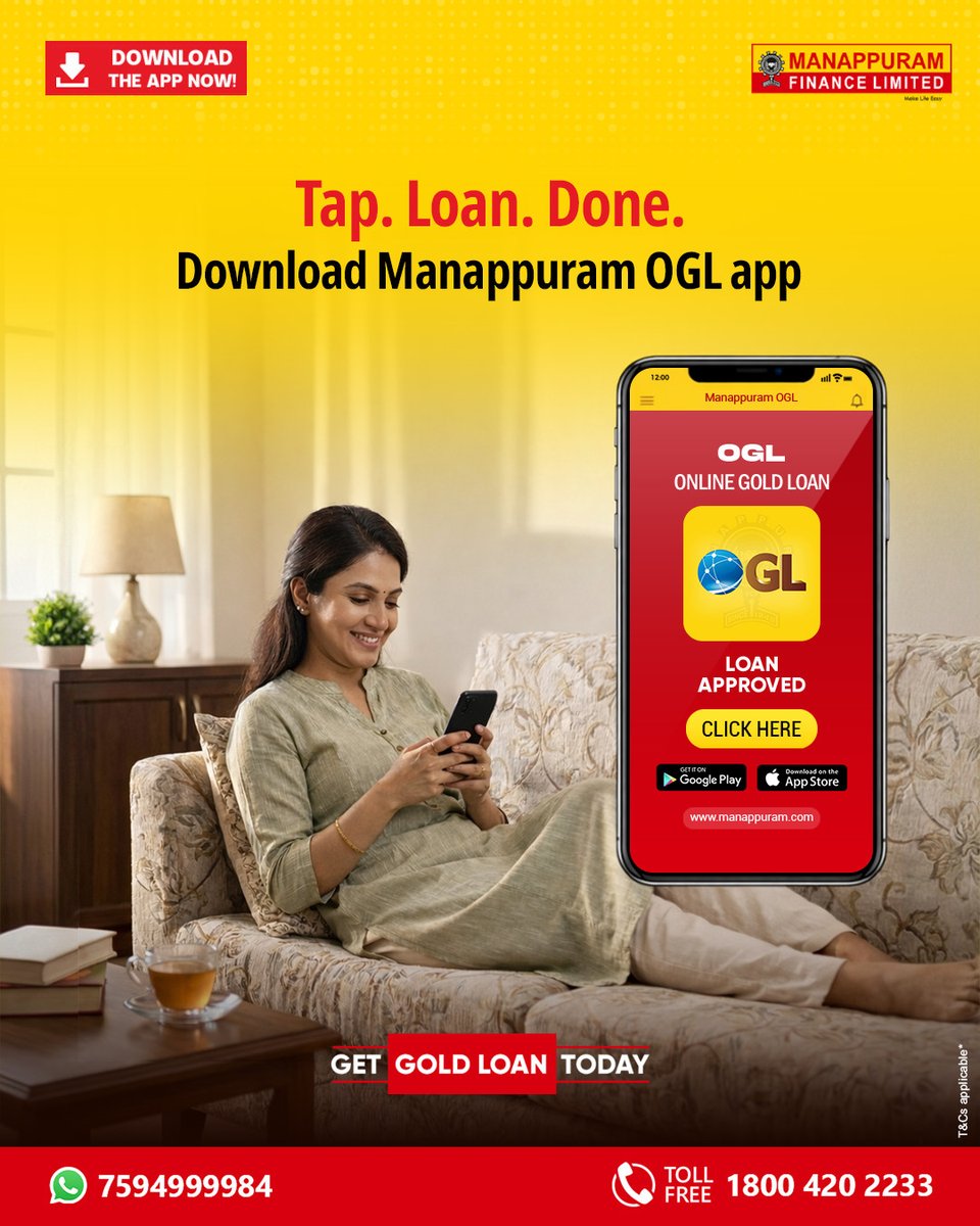 ManappuramMAFIL's tweet photo. Who said gold loans need long queues and longer patience? With the Manappuram Finance OGL App,
your gold loan is just a few taps away!
Apply now: https://t.co/RTd7bD4Za7
#ManappuramFinance #OGLApp
#GoldLoanOnline #TapAndRelax #DigitalGoldLoan
#FinanceMadeEasy #SmartBorrowing https://t.co/D5yFuvyLCk