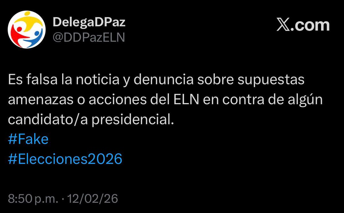#ACTUALIDAD | La delegación de paz del ELN, afirmó que es falsa la información que circula sobre las presuntas amenazas por parte de la guerrilla, al candidato presidencial Abelardo De La Espriella. 
<a href="/MafeLatorreH/">Mafe</a> caracol.com.co
