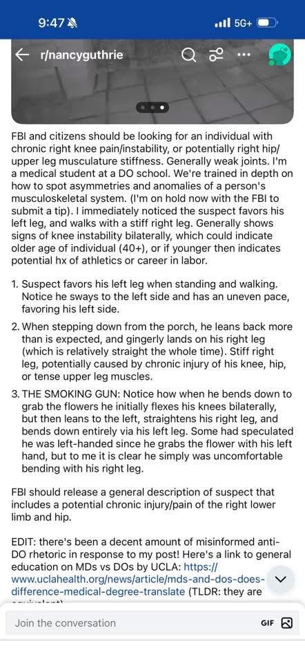 dropinthyme's tweet photo. @BrianEntin @NewsNation @LibbeyDean_ Very interesting info on the N Guthrie suspect's gate from a med student. Stiff right leg &amp; favors left leg. Indicating prior injury / chronic pain, etc. https://t.co/0nLabIuQfV