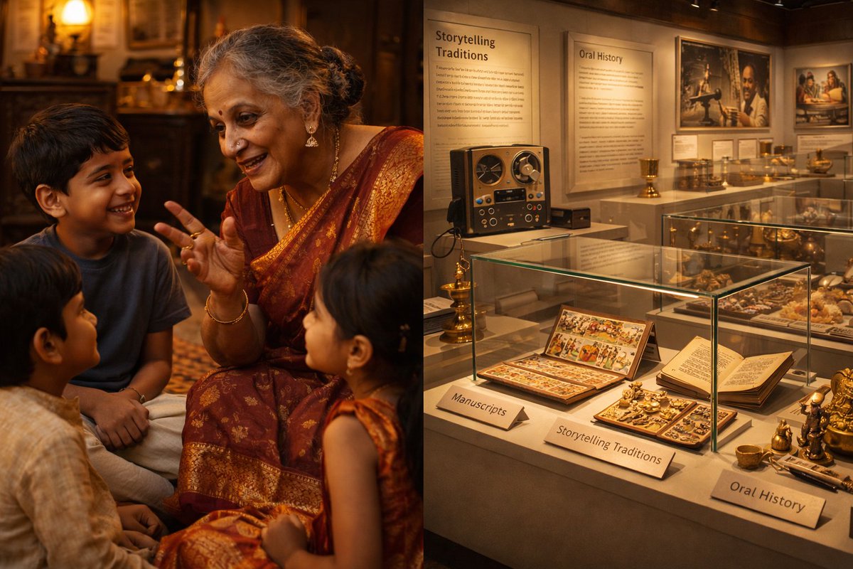 BAS4DC_museoLog's tweet photo. Your dadi saying “aise hi hota hai, parampara hai” is actually oral heritage transmission.
Before textbooks and archives existed, knowledge survived through memory, storytelling, and repetition.
Basically… dadi = walking cultural archive. 📜
#museum #textbook #archives https://t.co/PSgi6DynQ0
