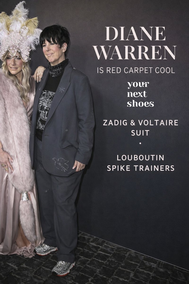 Diane Warren proves red-carpet style doesn’t need heels.
Crystal-embellished suit + spiked Louboutin trainers = effortless cool 👟
Full look breakdown:
 yournextshoes.com/the-hollywood-…