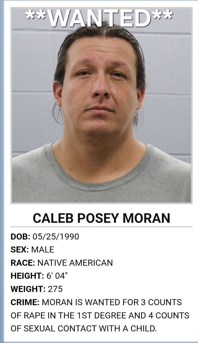 TeaStormChaser's tweet photo. Minnehaha County Sheriff’s Office most wanted is CALEB POSEY MORAN. 

Moran IS WANTED FOR 3 COUNTS OF RAPE IN THE 1ST DEGREE AND 4 COUNTS OF SEXUAL CONTACT WITH A CHILD.

If you have any information on this subject please contact the MINNEHAHA County Sheriff’s Office at 605-367-7000 or Crimestopers anonymously at 605-367-7007