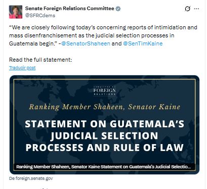 CanalAntigua's tweet photo. 🇺🇸El Comité de Relaciones Exteriores del Senado de EE. UU. informa que los senadores Jeanne Shaheen y Tim Kaine expresaron preocupación por los "reportes de intimidación y posibles irregularidades" en los procesos de selección judicial en Guatemala. 

🚨Advirtieron que cualquier intento de la delincuencia organizada de influir en las selecciones afectaría negativamente la imagen internacional de Guatemala, su relación con Estados Unidos y la inversión privada. 

#Senado #EEUU #Declaración #CANG #Elecciones #CC