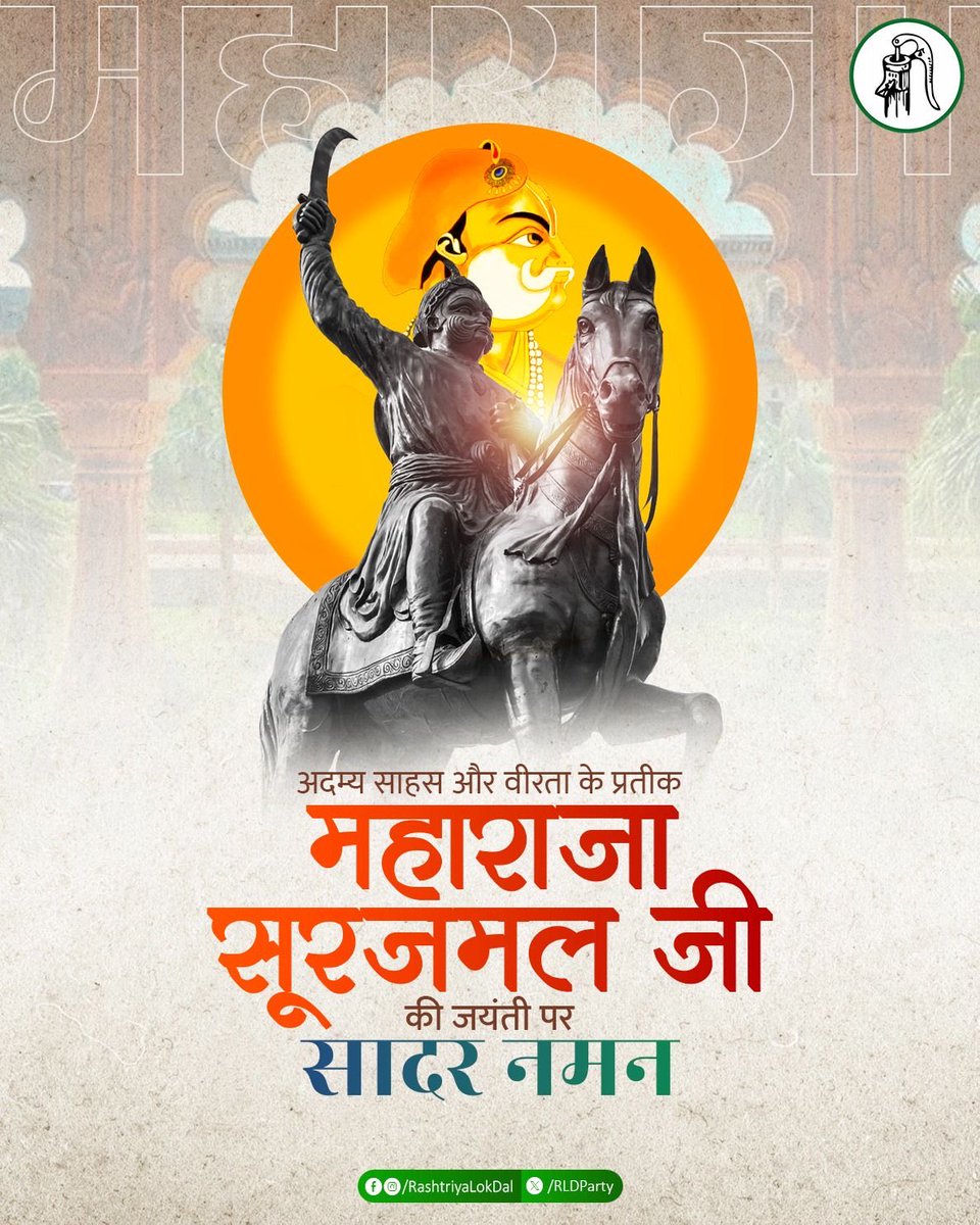 RLDparty's tweet photo. प��ाक्रमी शासक महाराजा सूरजमल जी ने अपने साहस और रणनीति से भरतपुर राज्य को सशक्त बनाया। लोहागढ़ किले की अभेद्य दीवारें उनकी दूरदर्शिता का प्रमाण है। आज उनकी जयंती पर सादर नमन।

#MaharajaSurajmal https://t.co/tmKhxsUclO