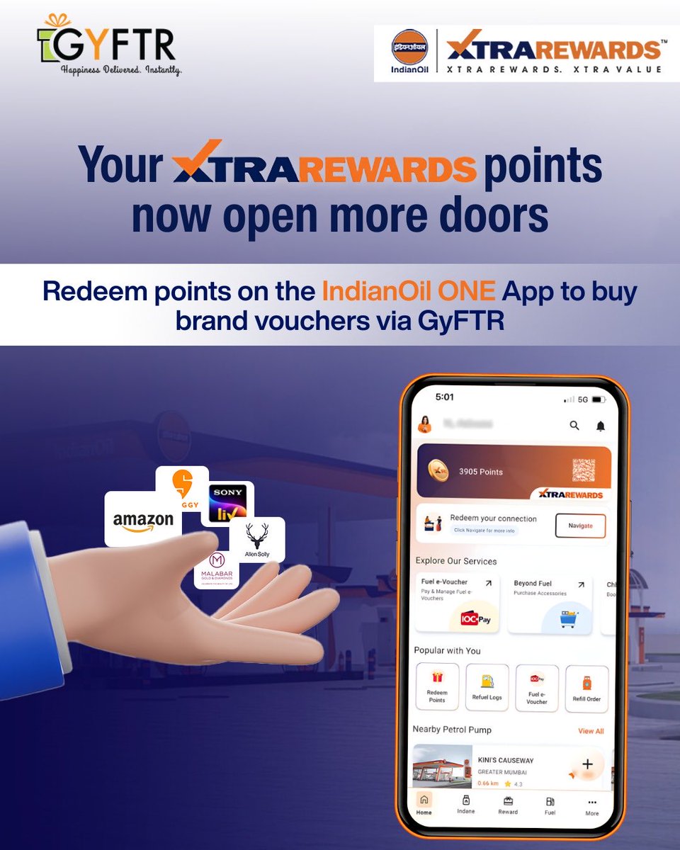 Redeem XTRAREWARDS points on the #IndianOil ONE App to purchase brand vouchers via GyFTR, and pay the balance in just a few taps.

iOS: apps.apple.com/in/app/indiano…
Android: play.google.com/store/apps/det…

#XTRAREWARDS #IndianOilOneApp #GyFTR