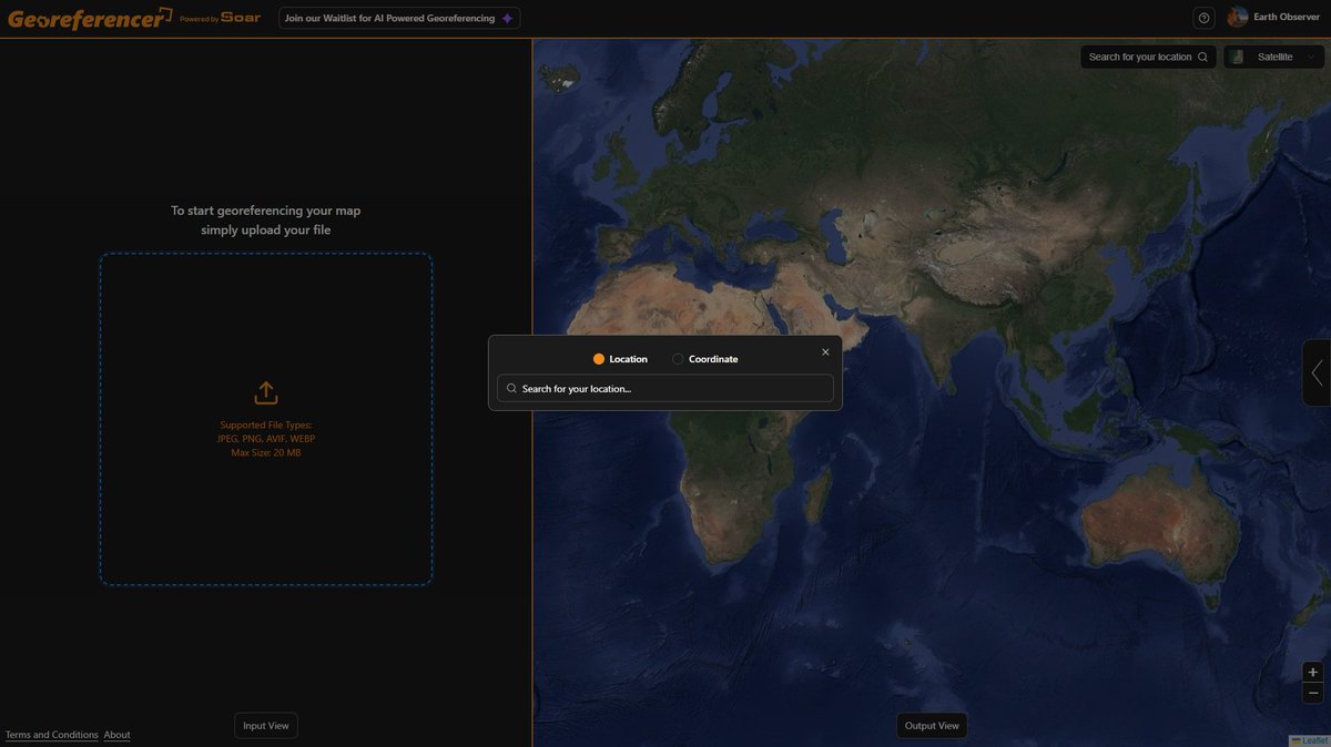 SoarAtlas's tweet image. Georeferencer.ai has been updated with some improvements that'll help you georeference easier.

- Search by location OR coordinate
- Live coordinates now display where your mouse location is, letting you place markers over maps with coordinate grids easier

Give it a try: