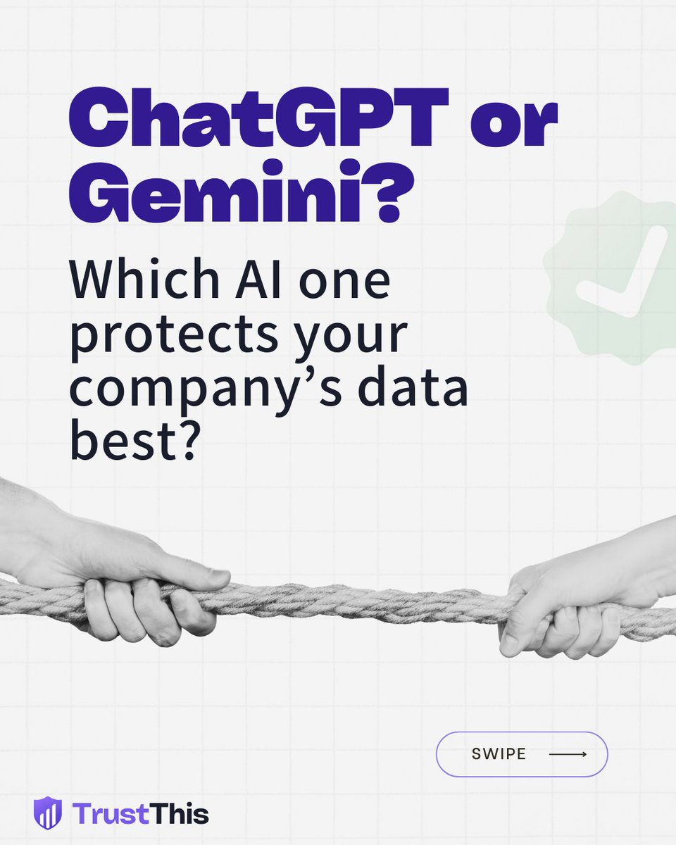trustthisorg's tweet photo. ChatGPT or Gemini? Which one actually protects your company's data?

We analyzed both on 20 privacy &amp; AI governance criteria. One has better opt-out mechanisms. The other has clearer retention policies. 
Full comparison → link in bio
#AIPrivacy #GenAI #DataGovernance https://t.co/HrsQRkumnK