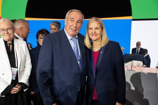 1) IOC voting member Shamil Tarpischev of Russia receiving a medal for his "work" from his boss, Putin.
2) IOC President &amp; Kremlin asset Kirsty Coventry of Zimbabwe reporting for duty after her handler Tarpischev secured the minimum votes for her to win, no doubt through bribery.