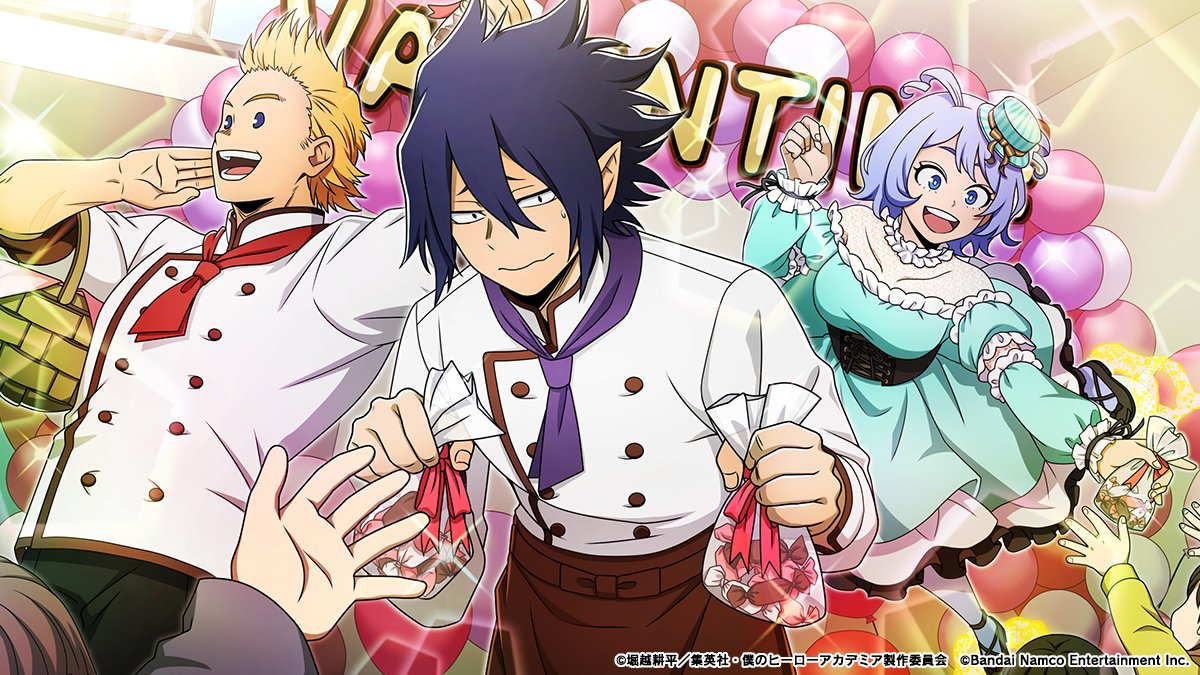 heroaca_ui's tweet photo. /／
『雄英ビッグ3お菓子防衛戦ガシャ』同時開催！
\＼

▼NEW
URメモリー「みんな集まれ！」

パティシエ姿の通形ミリオと天喰環、ロリータファッションの波動ねじれたちビッグ3がチョコレートを配る様子を描いたURメモリーが新登場！

期間:～3/1(日)14:59予定
#ヒロトラ #ヒロアカ https://t.co/0v9Px5zVLa