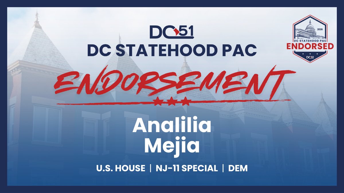 🚨Endorsement Alert 🚨

We’ve endorsed <a href="/AnaliliaForNJ/">Analilia Mejia for NJ</a> (D) for U.S. Representative (NJ-11 special) - a strong advocate for #DCStatehood in Congress!

View all our 2026 endorsements 👉 dcstatehoodpac.com/endorsements

Support our advocacy 👉 secure.actblue.com/donate/dc-stat…