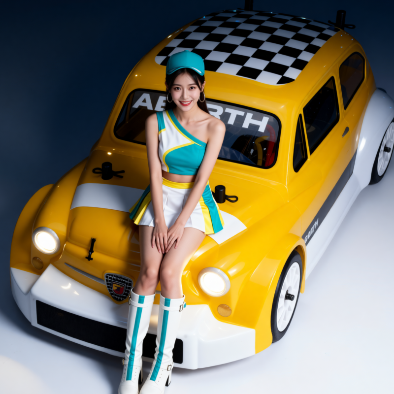 jason9394's tweet photo. Grid girl but make it pocket‑rocket Abarth. 💛🏁#Abarth #Fiat1000TCR #GridGirl #TrackToy #PitLaneVibes #ShowCar #AI #RC #Tamiya #MB01 #RWD https://t.co/jJsJlfkP4b