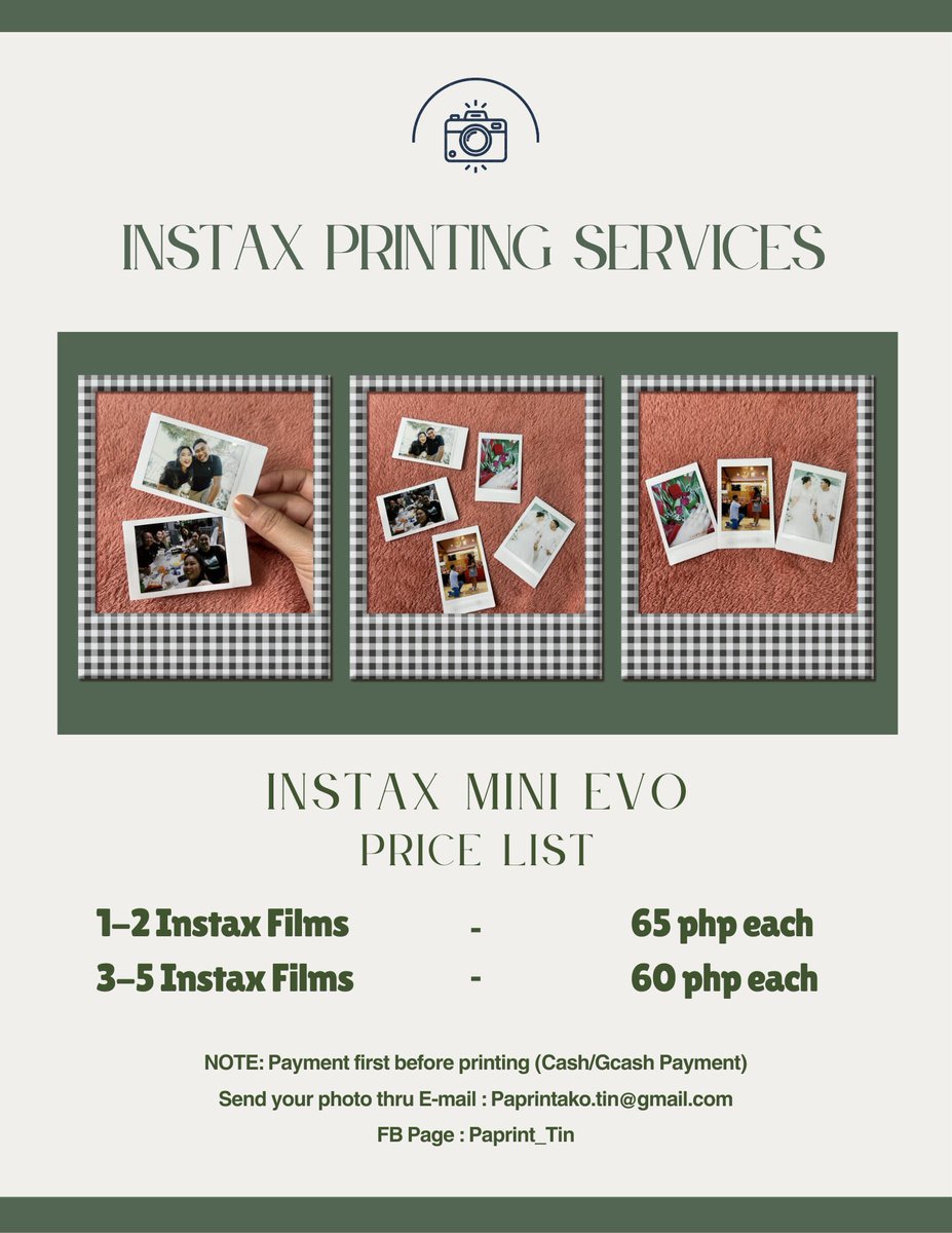 Paprint_Tin's tweet photo. Wts lfb lfs

Newest offer!! ✨🥰🫶🏻

📌INSTAX PRINTING SERVICES

• Original Film
• Printed using Instax Mini Evo 🫶🏻
• Long lasting &amp; waterproof 🥰

Message lang po to avail! 
Limited offer lang po muna, paunahan lang po 💗

🏷️ #Instaxprinting #printingservices #polaroidprinting https://t.co/TtJgH3TcrL