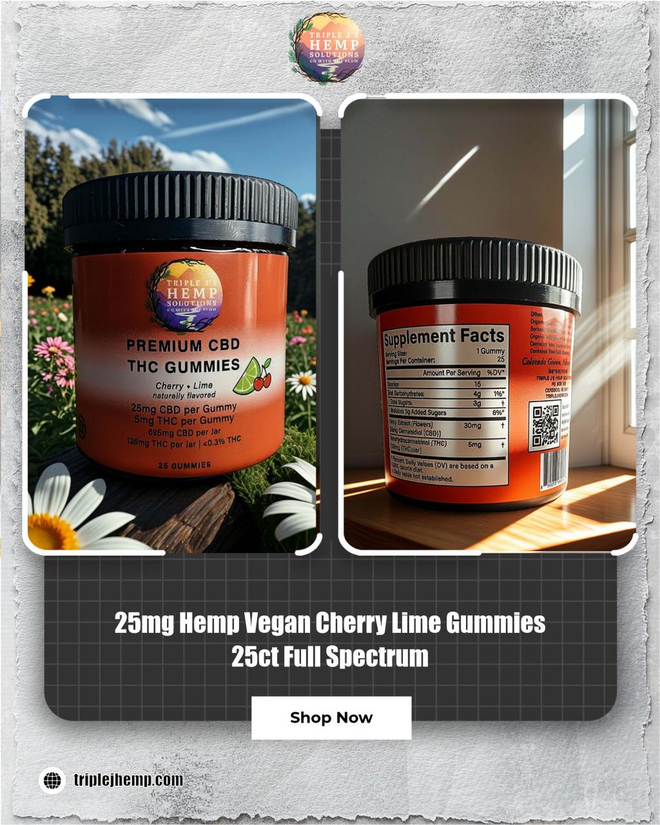 Triplejhemp's tweet photo. Elevate your wellness routine with our 25mg Hemp Vegan Cherry Lime Gummies. Just $49.99 for 25 full spectrum gummies. Shop now for pure, premium relief! #HempWellness #CBDGummies

Shop Now https://t.co/sglw9nxJj8 https://t.co/VSpbLmQgzR