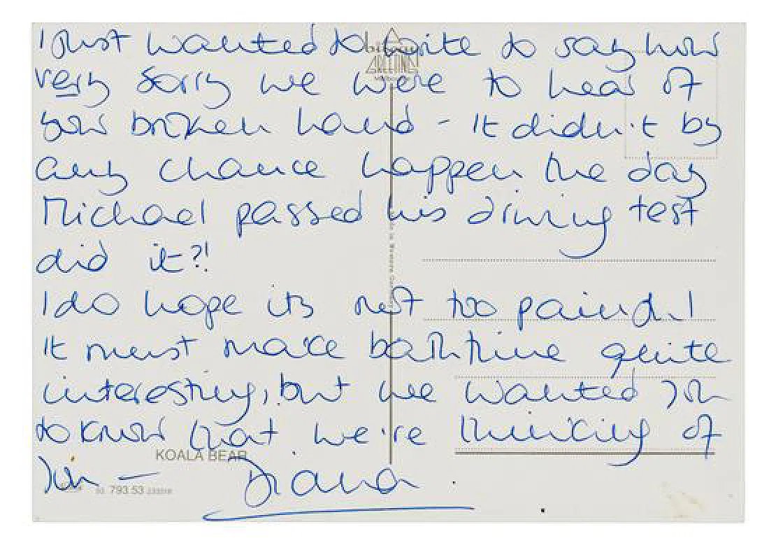RealRoyalMail's tweet photo. "I just wanted to write to say how very sorry we were to hear of your  broken hand - it didn't by any chance happen the day Michael passed his  driving test did it?! I do hope it's not too painful. It must make bathtime quite interesting" Postcard written by Pss Diana. https://t.co/lVerPFILHT