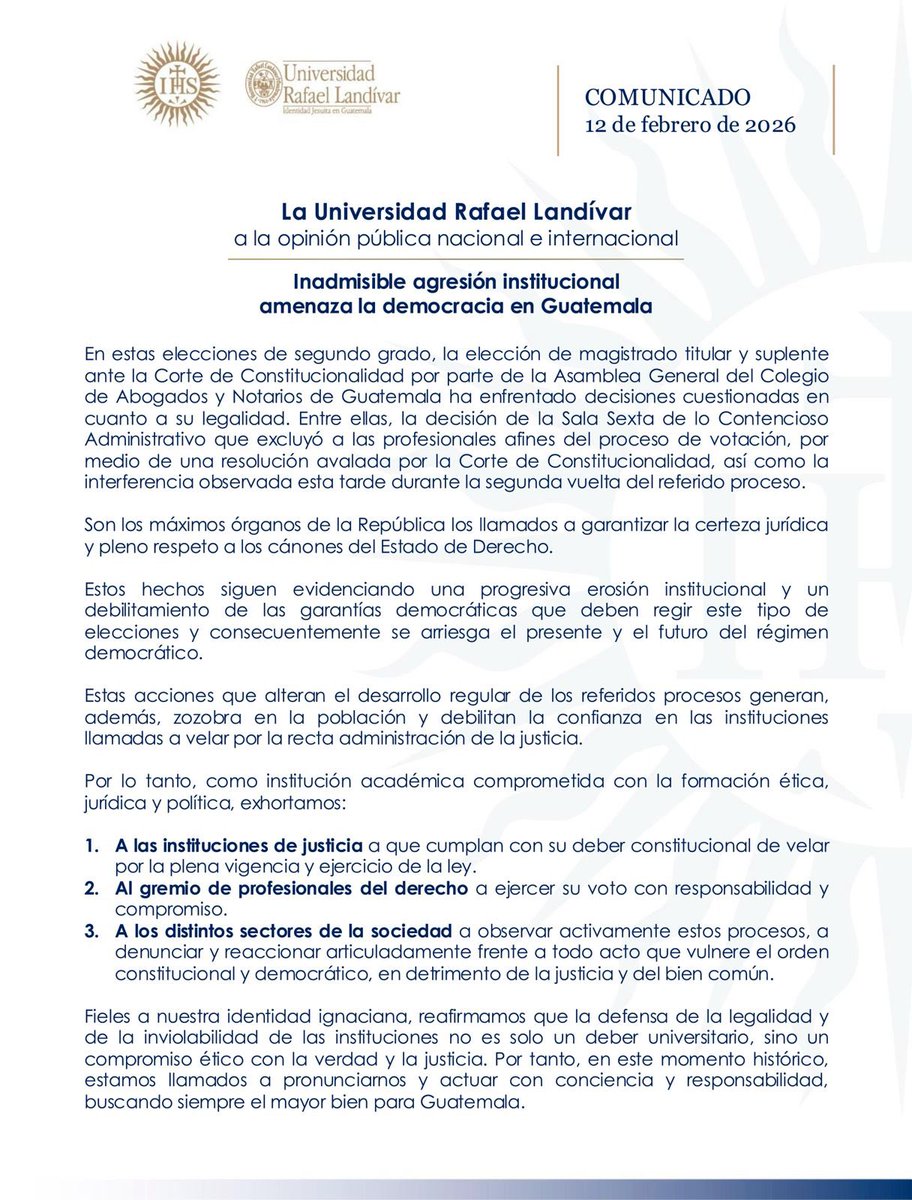 #ComunicadoURL | Inadmisible agresión institucional amenaza la democracia en #Guatemala.