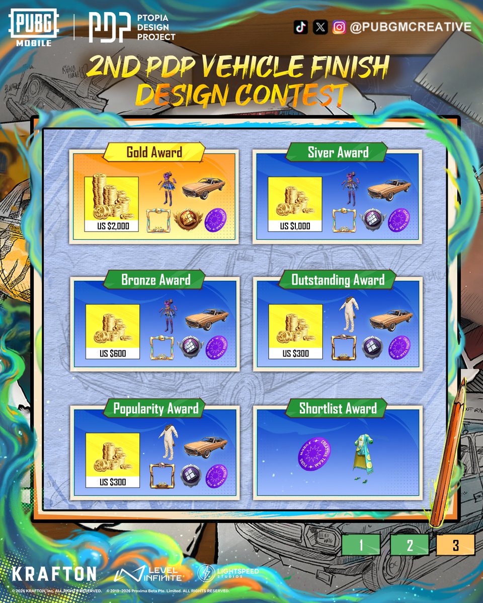 🏎️ 2ND PDP VEHICLE FINISH DESIGN CONTEST 🎨🔥

🚗 Design the vehicle finish and attachment of your dreams — and let your creativity race ahead of the competition.

#PUBGMOBILE
#PUBGMPDP
#PUBGMPDP420
#PUBGMCREATIVE
#PUBGMPDPVEHICLE420