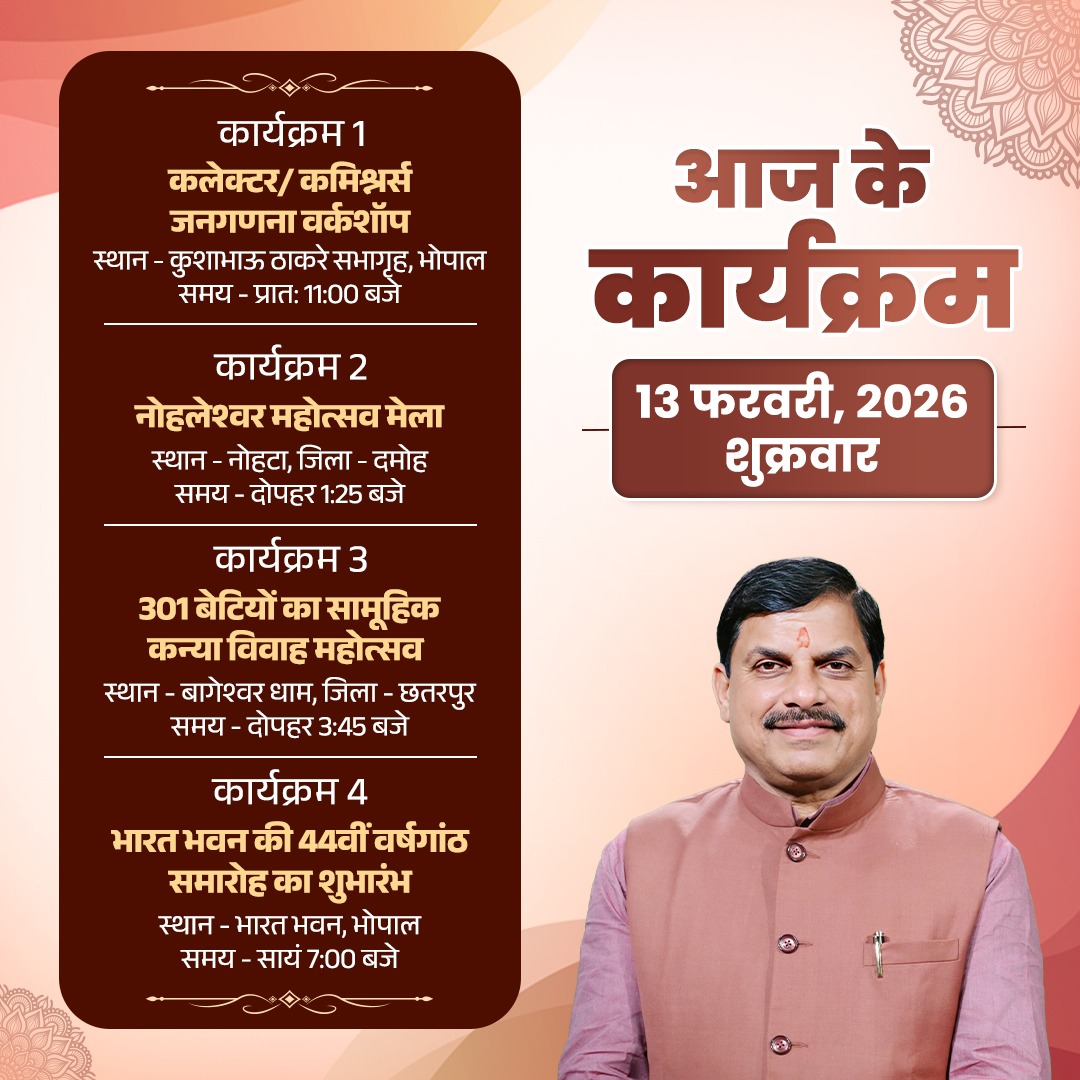 drmohanoffice51's tweet photo. माननीय मुख्यमंत्री जी के आज के कार्यक्रम...
13 फरवरी, 2026

@DrMohanYadav51 https://t.co/Cd6Vt0jnlW