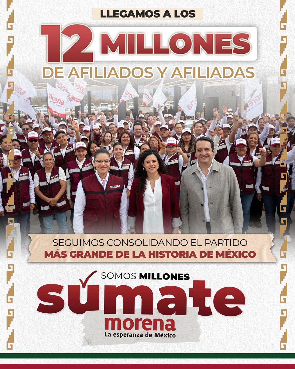 SenadoraV's tweet photo. Hoy recibimos una gran noticia: ya somos 12,083,088 afiliadas y afiliados a Morena. 🇲🇽
Esto demuestra que cuando el pueblo se organiza, la transformación avanza con fuerza. Sigamos caminando juntos, escuchando y trabajando desde el territorio.
#SumateAMorena #SomosMillones https://t.co/bBpFcOQIj5