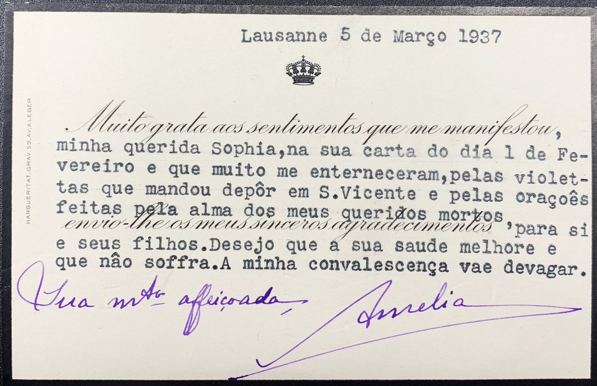 RealRoyalMail's tweet photo. "I am writing to you on behalf of the violets you sent to São Vicente, and I was deeply touched by the prayers you offered." 1937 card of Queen Amelie thanking for condolences. She was the last Queen of Portugal as the wife of Carlos I &amp; lived in exile from 1910 on. https://t.co/xUq2qK3bdl