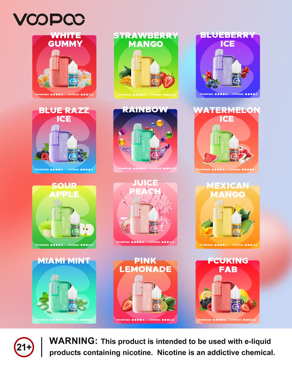 VOOPOO_OFFICIAL's tweet photo. NAVI × Cyph Kit 80K 🔥 𝟭𝟮 𝙎𝙀𝙇𝙀𝘾𝙏𝙀𝘿 𝙁𝙇𝘼𝙑𝙊𝙍𝙎

🔥 Bold
🍓 Sweet
🧊 Cool
🌊 Fresh

Which one speaks to you? Drop your flavor below. 👇

*Now launched in the USA.

#VOOPOO #VOOPOONAVI  #NAVI80KPuffs #1500mAh #NewLaunch https://t.co/xp5XRyt91q
