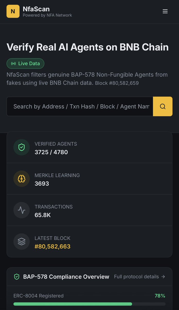 ladyxtel's tweet photo. https://t.co/SUjlrNYHq2 is live 👀

This started as a throwaway suggestion I made in our private AI founders chat (builders shipping agents on @BNBCHAIN). 

The convo quickly turned into a real need: if agents can take actions on-chain, we need an easy way for users, teams and projects to answer one question:

is this a real agent, and can I verify what it’s done?

So kudos to @BenTodar, we rolled up our sleeves and started architecting an “agent verification layer” for the ecosystem: verified agents and verified projects, receipts you can actually inspect, double-linked to BSC Trace, and tracking one of the core BAP-578 ideas I care about most: Merkle learning agents (vs “simple agents”).

In less than a week, here’s what it’s already showing:

•Verified agents: 3725 / 4780
•Merkle learning agents: 3693
•Transactions indexed: 65.8K
•Live BNB Chain data (latest block ~80,582,663)

It’s early, but this is the direction: ERC8004 registry, BAP-578 actions, and receipts so trust is something you can check, not just assume.

Go play with it: https://t.co/SUjlrNYHq2

Thank you @draffilog and @lclwalter and @BNBChainDevs 

#五���八一起发