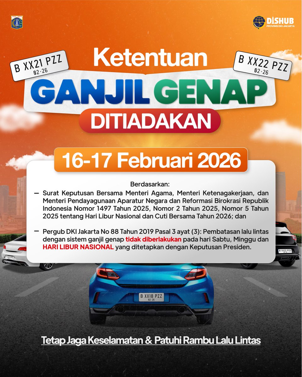 dishubjakarta's tweet photo. Sehubungan dengan Tahun Baru Imlek 2577 Kongzili, pelaksanaan sistem Ganjil Genap di berbagai ruas jalan di Jakarta DITIADAKAN.

Save dan share informasi ini agar perjalananmu selalu nyaman. Diimbau kepada #TemanDishub untuk senantiasa mengutamakan keselamatan di jalan! https://t.co/PejNgUQtpb