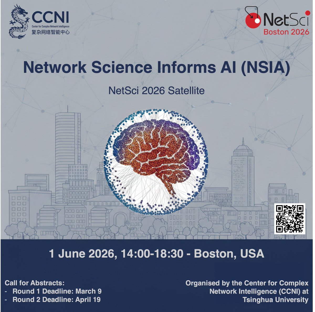 NSIAsatellite's tweet photo. 🚀 Announcing the inaugural NSIA Satellite at #NetSci2026!

We’re bridging the gap between Network Science and AI to build the next generation of intelligent systems. Join us in Boston for a deep dive into topology, brain-inspired connectivity, and emergent learning.

📅 June 1, 2026
📍 Boston, USA
📝 Call for Abstracts: Feb 12 – March 9 (Round 1)

Ready to redefine AI? Submit your work and join the dialogue. 

🔗https://t.co/QFwEO03vv5

#NSIA2026 #NetworkScience #AI #MachineLearning #ComplexSystems