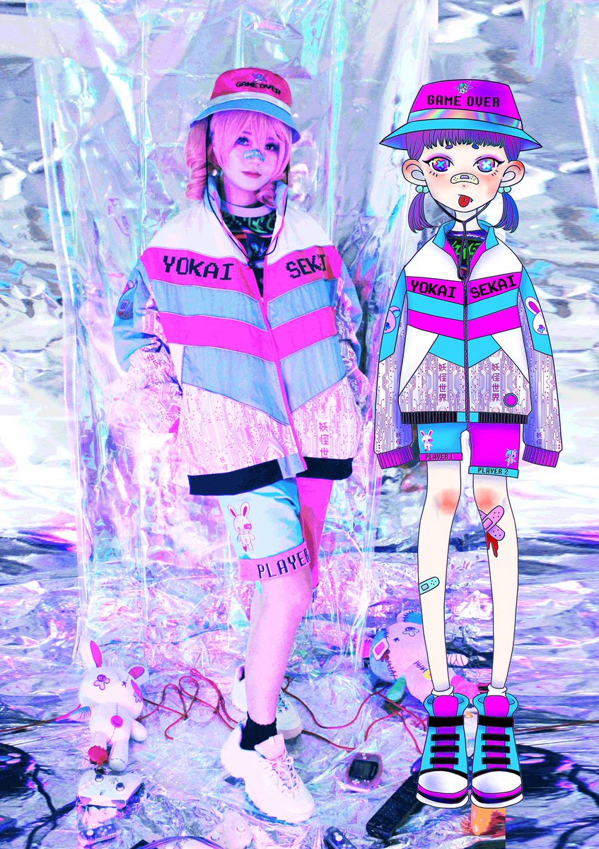 Drawing vs Reality!! 
It was really challenging getting the panels on the jacket right! 
So happy with how it came out~ 
Very glitchy and retro!!! 
#jfashion