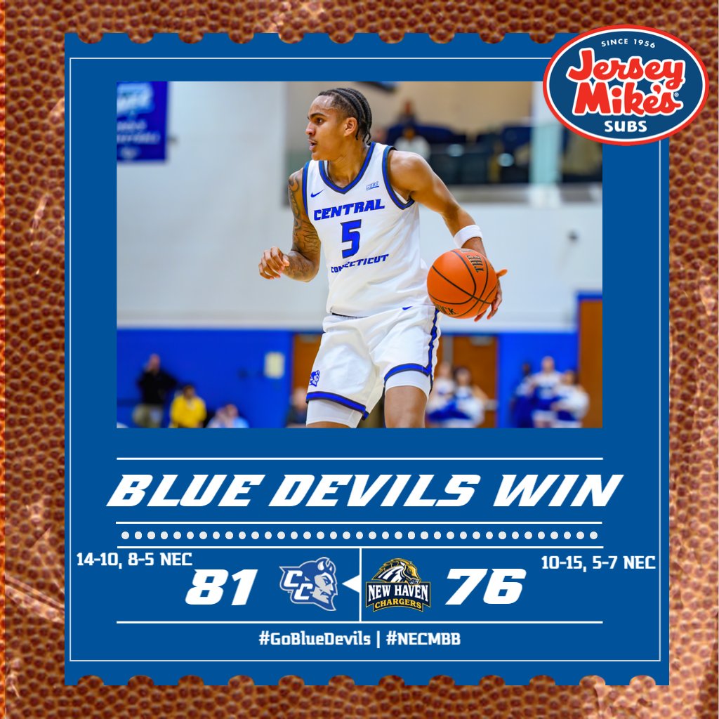 🏀 RECAP

<a href="/CCSU_MBB/">CCSU Men’s Basketball</a> 81, New Haven 76

🏀 Smith, Jr.: CH 40p (13-20fg, 3-5 3fg)
🏀 Rodgers: 12p, 7a, 5r
🏀 R. Jones: 12p (4-5 3fg)

📰 🔗 tinyurl.com/yc7zpv9f
⏭ at FDU, Sat. 2pm

#GoBlueDevils | #NECMBB