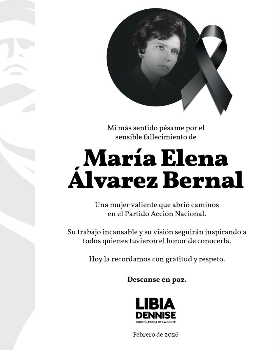 Lamento profundamente el fallecimiento de Elenita Álvarez Bernal, una mujer valiente que abrió caminos en el PAN. Su ejemplo de trabajo incansable seguirá inspirando a todos quienes tuvimos el honor de conocerla. Mi más sentido pésame a su familia y seres queridos en este momento