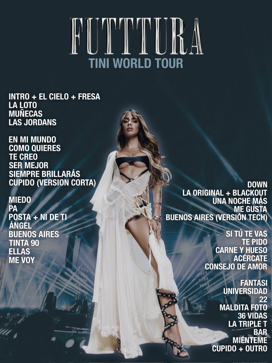 TINIOnTours's tweet photo. Setlist Oficial de FUTTTURA: TINI World Tour 🛸

➖ 6 Canciones menos que el setlist de Tecnópolis
➕ Ninguna canción nueva
⭐ "22" fue cambiada al último bloque
⭐ "buenos aires", "La Original" y "Fantasi" tuvieron intros acortadas.
⭐ "miedo" ahora es cantada. https://t.co/TPWNtA2sGB