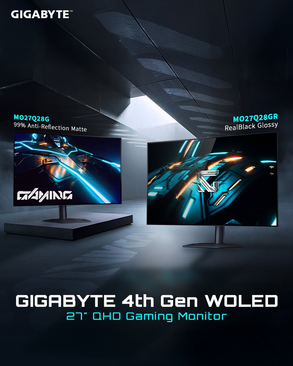 AORUS_ANZ's tweet photo. Experience the pinnacle of visual precision with the GIGABYTE 4th Gen #WOLED series.🎮✨
Choose the #MO27Q28G with its 99% Anti-Reflection Matte finish, or the #MO27Q28GR featuring a RealBlack Glossy surface with HyperNits technology for stunning contrast and vivid details.
Both deliver elite performance on a 27" QHD stage—tailored to your play style.🏆
Do you prefer Matte or Glossy?✨