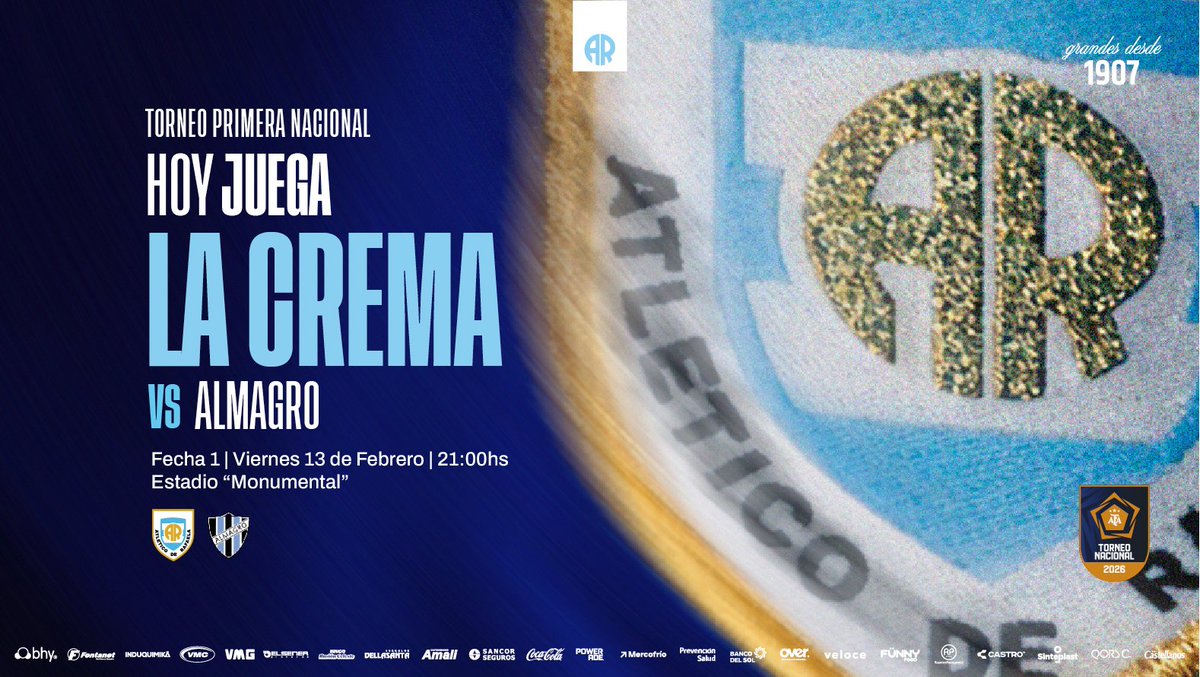 ¡HOY JUEGA LA CREMA!

🆚 Almagro
🕙 21:00
👤 Árbitro: Felipe Viola
🏟 Estadio Monumental
📺📱💻 lpfplay.com/event/698a92a1…

🤍🩵🤍

#VamosNosotros
#PrimeraNacional