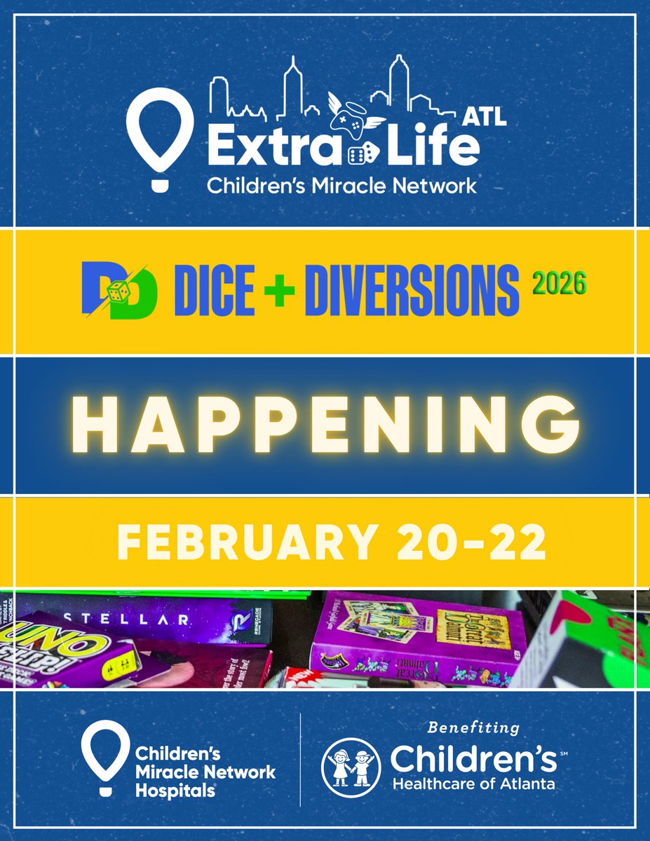 Atlanta gamers, we’re heading to Dice + Diversions 2026!
Feb 20–22 we’ll be:
 • Connecting with the community
 • Sharing Extra Life
 • Gaming with purpose
Come say hi and learn how you can play for @ChildrensGA 
#ExtraLifeATL #ATLgaming #ForTheKids