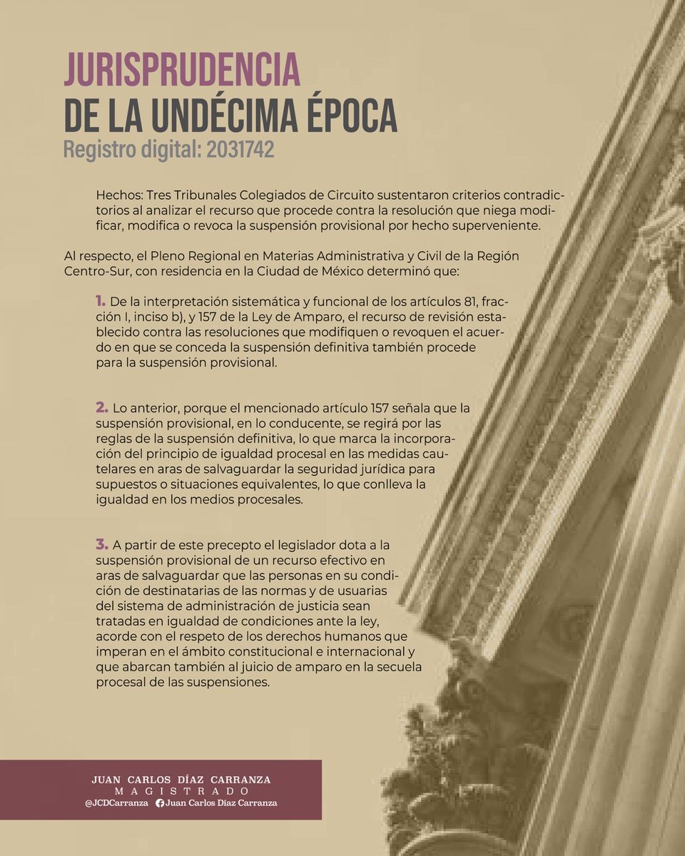 JCDCarranza's tweet photo. RECURSO DE REVISIÓN

👨‍🎓Se publicó la jurisprudencia en materia común por contradicción de criterios en la que se determinó:

Contra las resoluciones que nieguen modificar, modifiquen o revoquen la suspensión provisional por hecho superveniente procede el recurso de revisión previsto en el artículo 81, fracción I, inciso b), de la Ley de Amparo.
Jurisprudencia de aplicación obligatoria a partir del 9 de febrero de 2026.

👉https://t.co/Gq9yZaU7Zb