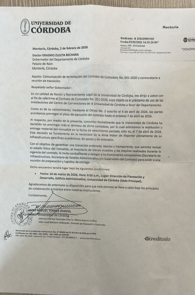 EMERGENCIA EN CÓRDOBA: El Rector de la Universidad de Córdoba <a href="/JTorresOviedo/">Jairo Miguel  Torres Oviedo</a> le solicitó al gobernador Erasmo Zuleta iniciar los trámites para desalojar el Centro de Convenciones, donde esta operando la logística para repartir 100 toneladas de ayuda humanitaria “Señor Rector, con